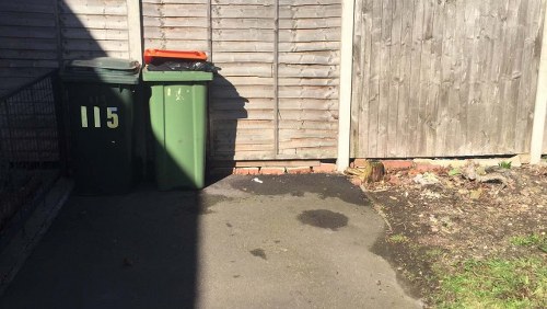 A pair of public rubbish and recycling bins positioned on an asphalt pavement next to a wooden fence, with one green bin clearly labeled with the number '115' and a smaller orange lid bin adjacent. The bins are placed against the fence, which appears weathered, with some wooden panels showing slight discolouration and wear. The pavement is clean except for a dark, damp patch near the base of the green bin, with a small amount of soil and sparse grass visible along the edge of the fence. The scene is illuminated by natural daylight, casting distinct shadows from the bins and fence onto the ground, indicating a bright and clear day. This setting is typical for outdoor waste collection points in residential areas, illustrating the type of rubbish removal and waste management services offered by Garden Clearance Brixton, serving local properties in the Brixton area postcode.
